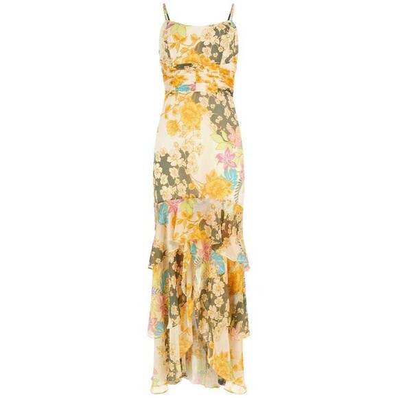 GUESS Women's Sleeveless High-Low Vicky Maxi Dress Floral Print Butter Yellow S - Picture 5 of 16